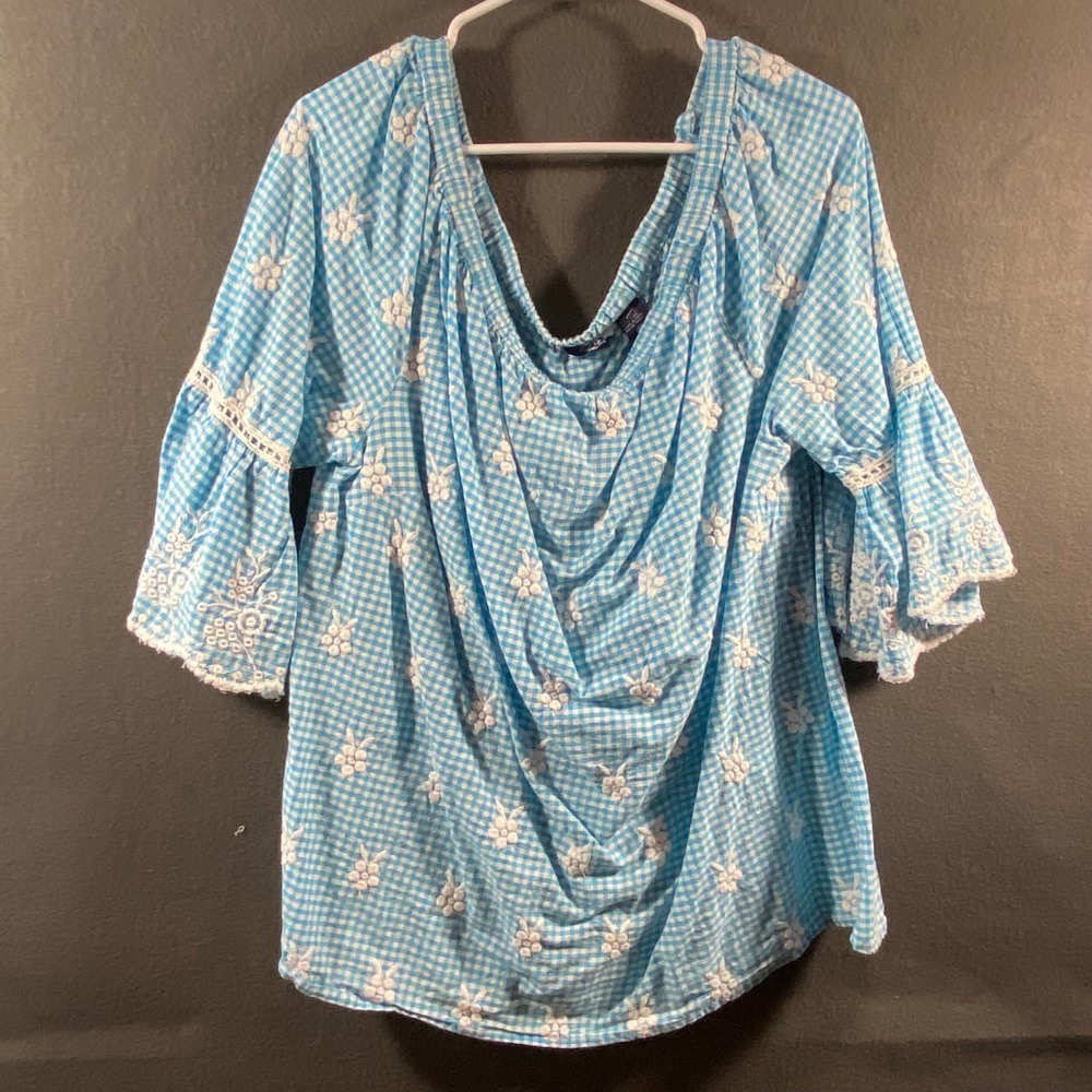 cotton Woman top 3X Blue Gingham Embroidered‎ Bell summer Cottagecore picnic